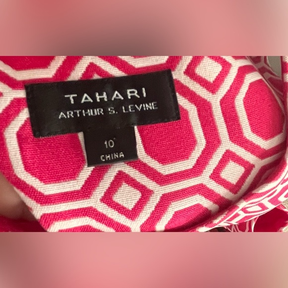 Tahari - Hot Pink White Geo Brocade Pleated Flare Dress - Picture 5 of 5